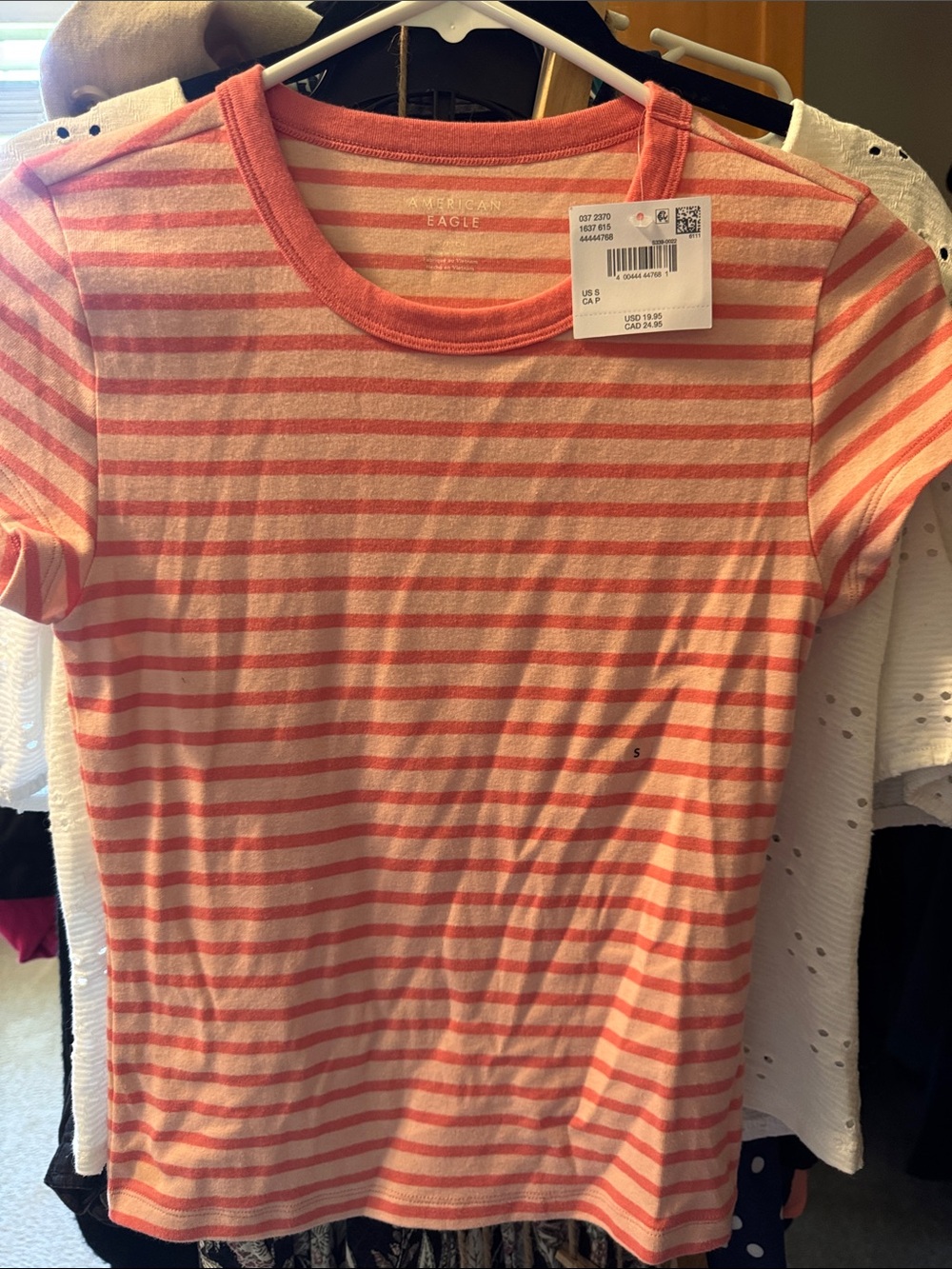 American Eagle Outfitters Coral and Cream Striped Short-Sleeve Tee